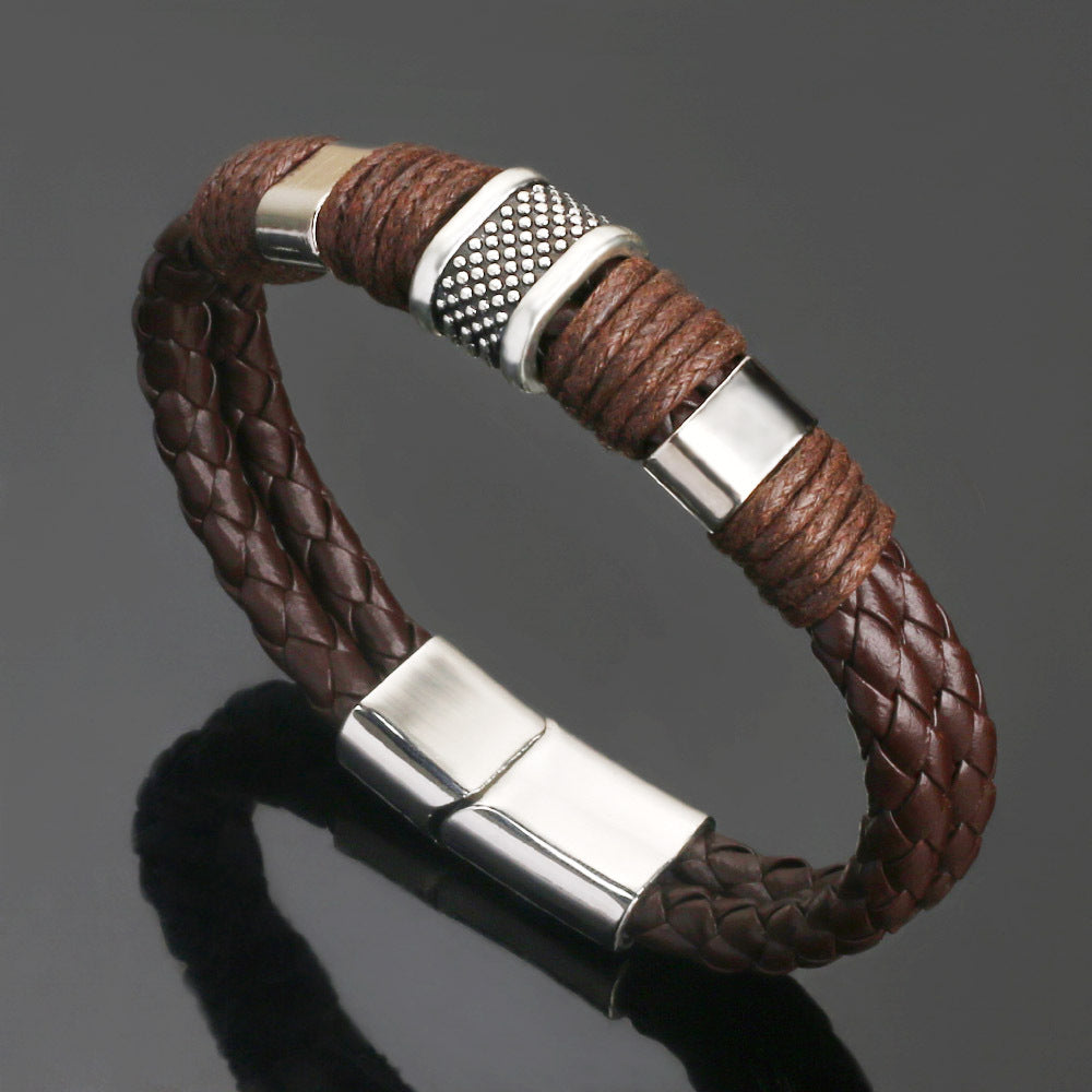 Wholesale Vintage Woven Leather Rope Men's Cowhide Magnetic Buckle Bracelet